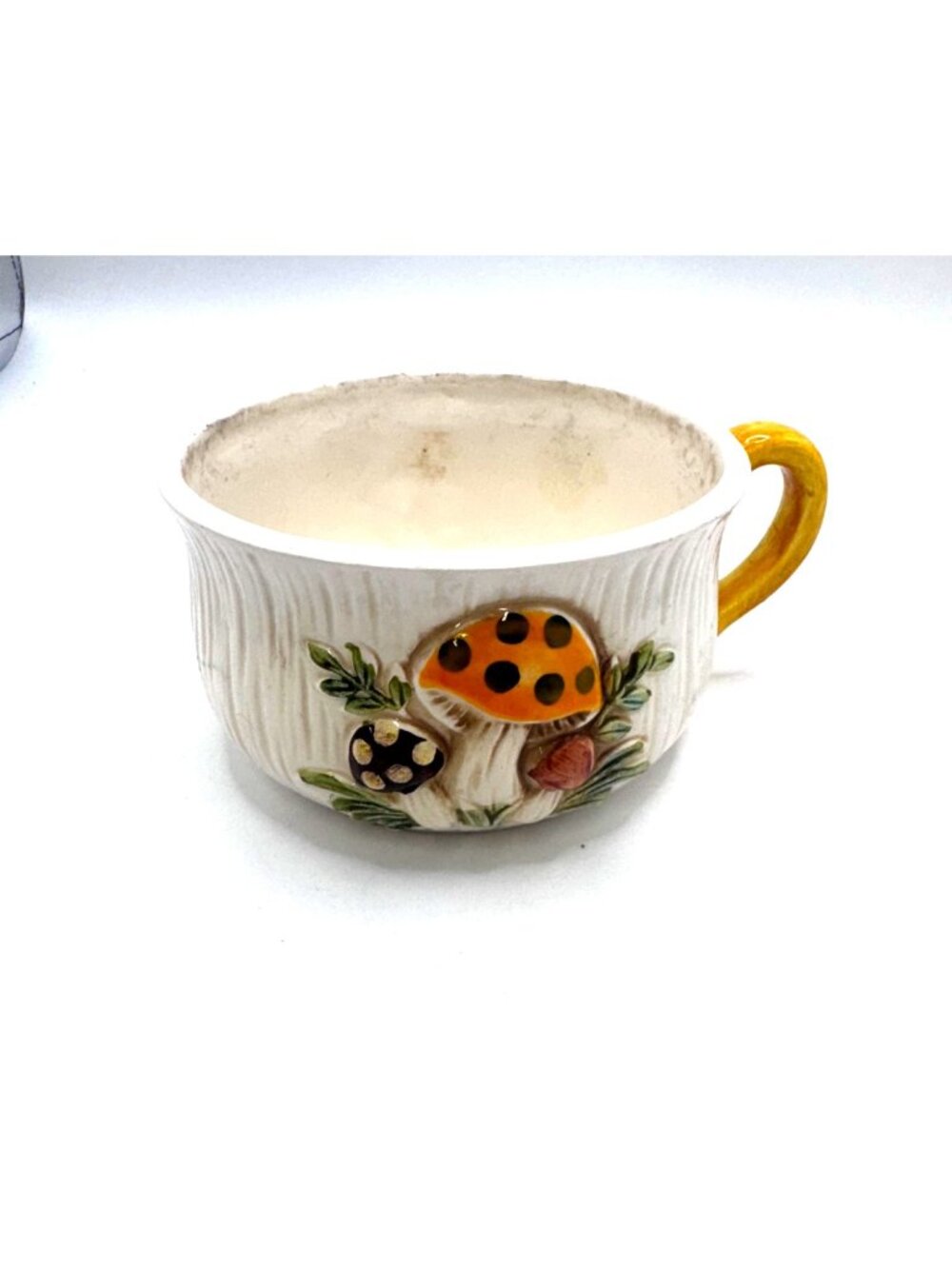 Vintage 1976 Sears Roebuck Merry Mushroom Ceramic Soup Mug Coffee Yellow Handle
